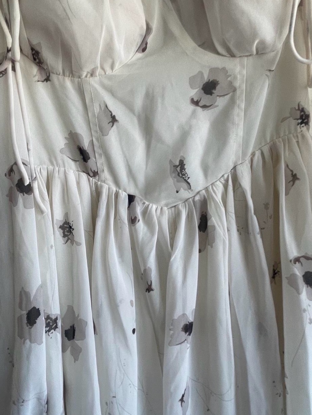 K-Fashion Floral Chiffon Puff Sleeve Smocked Corset Fairy Mini Dress | Cream M - Picture 13 of 16